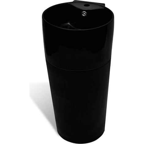 vidaXL Lavabo redondo de cerámica con orificio de grifo/desagüe negr (1/2)
