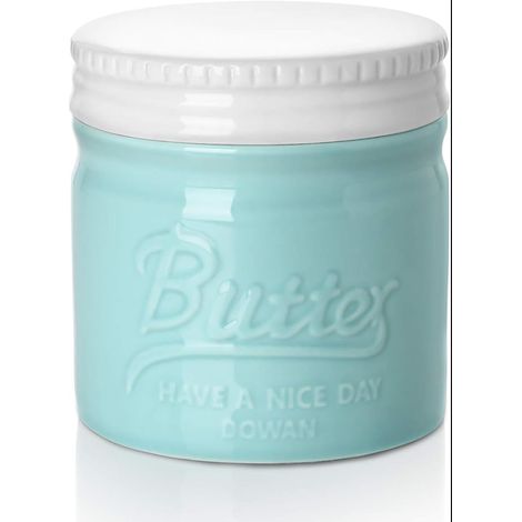 Pot à beurre français avec couvercle, en porcelaine style Mason Jar en relief, récipient bleu (1/5)