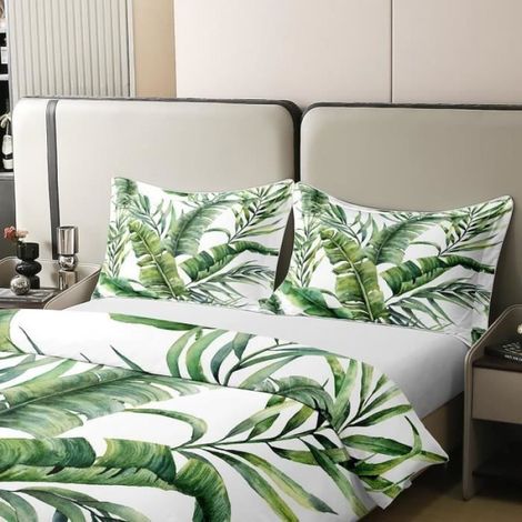 Housse de Couette 200x200 + 2 x Taie d'Oreiller 65x65cm- Microfibre Parure de Lit Adulte - Feuille de banane - NEZ (1/4)