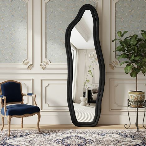 Miroir sur pied, être accroché, Cadres velours cristal, l.45 cm x H.140 cm, verre trempé haute définition, miroir pleine longueur irrégulier, noir (1/5)