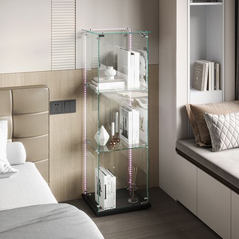 JOOKGBD–Vitrine en Verre avec LED,3 Étagères,1 Porte avec Serrure,Verre Trempé,Meuble de Collection pour Salon,Chambre,Bureau,Noir