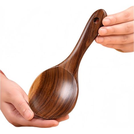 Lot de 2 cuillères à riz antiadhésives en bois de teck, ustensile de cuisine, 18 x 8 cm, marron. (1/3)