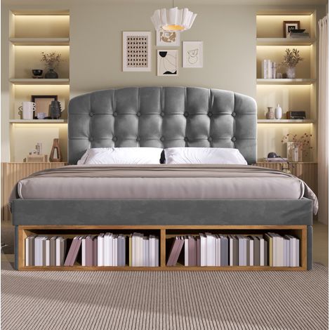 lit adulte 140x190 rangement velours gris avec tiroirs OKMYHOME
