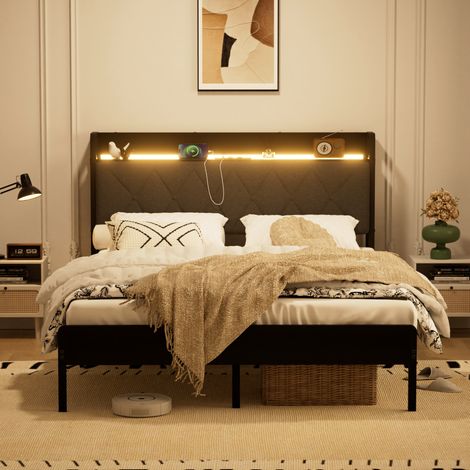 Letto matrimoniale 140x190 cm con LED e porte USB, contenitore sotto il letto, testiera imbottita, acciaio nero e lino - grigio (1/5)