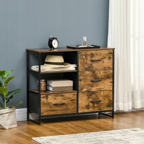 Commode de salon à 4 tiroirs en tissu, pliable et 2 étagères, style industriel, 84 x 30 x 71,5 cm, marron rustique (1/5)