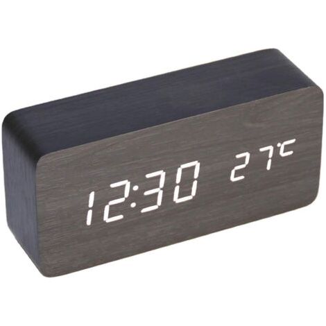 Horloge numérique multifonctionnelle en bois Réveil LED Commande vocale Convient pour la maison Lumière blanche en bois noir