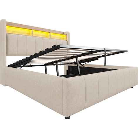 Letto contenitore imbottito 160 x 200 cm in lino beige con LED, USB e spazio sottoletto (1/5)