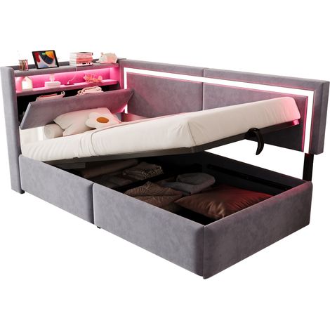 Tagesbett 90 x 200 cm aus Samt mit Bettkasten, Regalen, USB-Anschluss und LED, Ohne Matratze, Hellgrau (1/5)