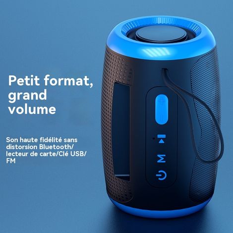 Enceinte Bluetooth Sans Fil Noire avec Anneau Lumineux Bleu, Interconnexion TWS, Son Puissant, Résistante à l'Eau et à la Transpiration, Radio FM, Lecture Multiple, Portable pour Intérieur et Extérieu (1/5)