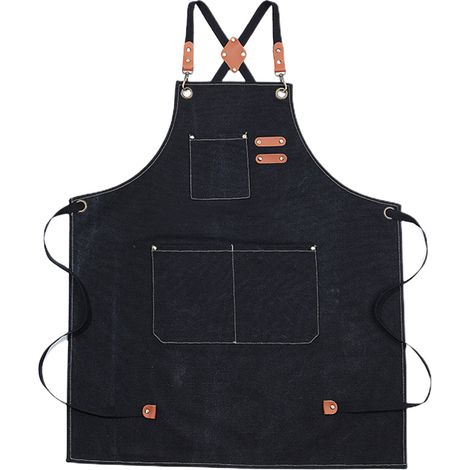 Tablier en coton à dos croisé pour homme et femme, avec grandes poches, tablier de travail ajustable, dimensions approximatives : 75 x 68 cm, noir (1/5)