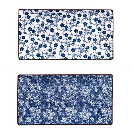 2 plateaux Sichuan, porcelaine noire et bleue, motifs contrastés, 29x16 cm, pour apéritif et présentation de tapas