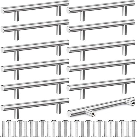 Lot de 12 Poignées de meuble, Acier inoxydable, Argenté, Espacement 128 mm, Pour armoires et tiroirs (1/5)