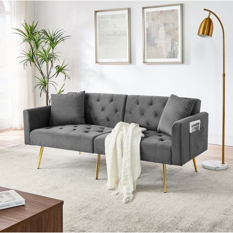 Sofá 2 plazas reclinable terciopelo gris OKMYHOME (1/5)