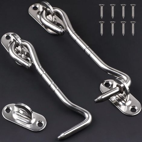 Lot de 2 crochets de porte en acier inoxydable argenté de 15 cm - Crochets de fenêtre - Verrouillage pour porte coulissante, armoire, abri de jardin, garage, jardin -