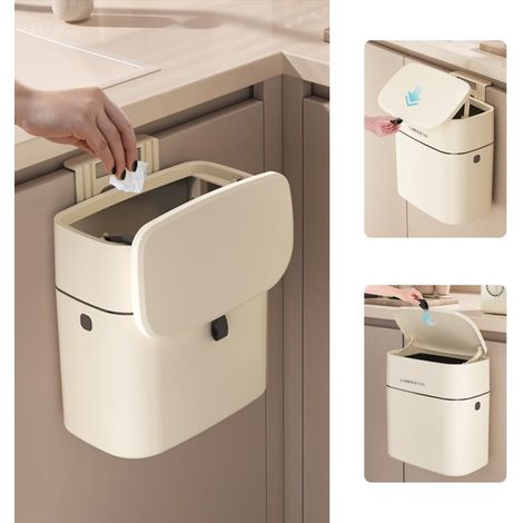Hanging Trash Can with Lid 9 Liters – Countertop Under Sink Waste Bin – Kitchen Cabinet Bathroom Bedroom Office Camping White (1/5)