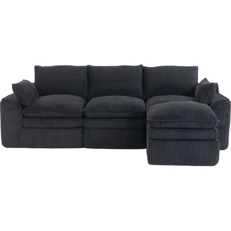 CAIziCanapé modulaire 3 places en velours côtelé (avec pouf) – avec coussins et 2 poches latérales, mousse à 3 couches + ressorts ensachés pour un rebond rapide. Modulable librement – idéal pour le sa (1/5)