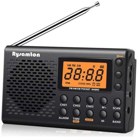(Noir)Radio portable AM/FM/ondes courtes, radios de poche à piles, grand écran numérique, radio-réveil avec alarme et fonction veille, écouteurs inclus (1/4)