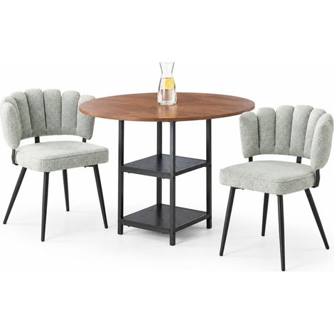 ELVMI Tisch- und Stuhlset mit 1 Rundem Esstisch und 2 Stühlen, MDF, Metall und Stoff, Hellbeige, Nussbaum und Schwarz (1/5)