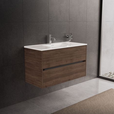 Inda - Badezimmerschrank 2 Schubladen L.100 mit glänzendem Waschbecken / Braune Eiche - Diamante (1/5)