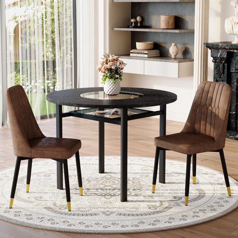 Ensemble table ronde 100 cm avec 2 chaises en tissu marron, plateau MDF noir aspect bois et verre, pieds métal, pour salle à manger - CHICFURN (1/5)