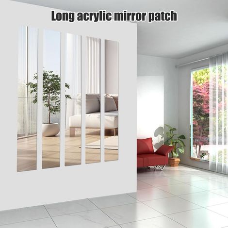 Lot de 10 miroirs en verre - 5 x 20 cm chacun - Carreaux de miroir - Décoration murale - Autocollants rectangulaires - Effet 3D - Miroir mural autocollant - Bricolage sans cadre - Argenté (1/5)