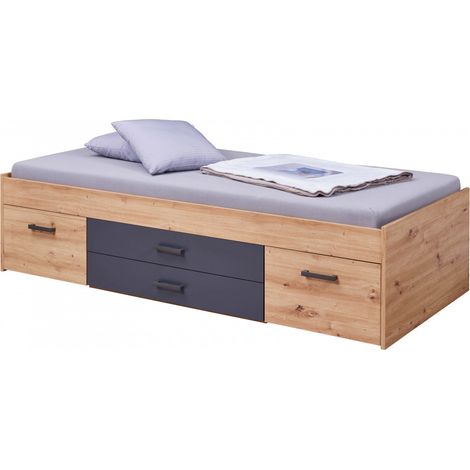 FIDAS - Lit 90x200cm Multi-Rangements Effet Chêne et Anthracite (1/5)