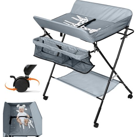 Randaco Wickeltisch,Baby Wickeltisch mit Ablagekorb,Sicherheitsgurt,Wickelauflage Kommode Mulde Unterlage klappbar Wickeln Baby Kind,Dunkelgrau