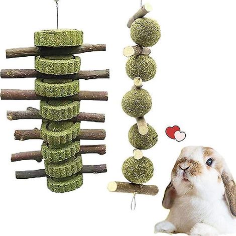 (lot De 2 Gteaux D'herbe Et Boules D'herbe) Oreilles D'orge Boule Naturelle Et Bton Mcher Avec Herbe Et Roses Pour Lapin, Hamster, Perroquet, Chi (1/5)