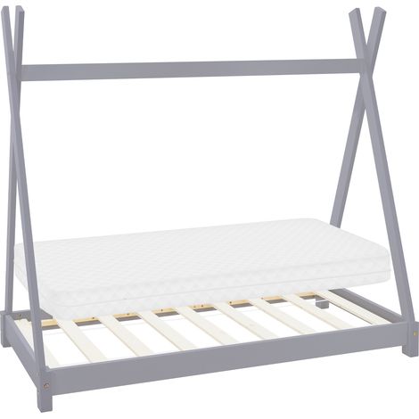 ML-Design Kinderbett Tipi 70x140 cm Hellgrau mit Matratze & Lattenrost, Indianer Bett aus Kiefernholz, Hausbett für Mädchen & Jungen, Bodenbett Kinderhaus Jugendbett Holzbett Bettenhaus Spielbett Zelt