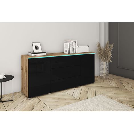 Cómoda VERA 150 cm , cajonera, aparador, iluminación LED incluida, color wotan/negro brillo (1/3)