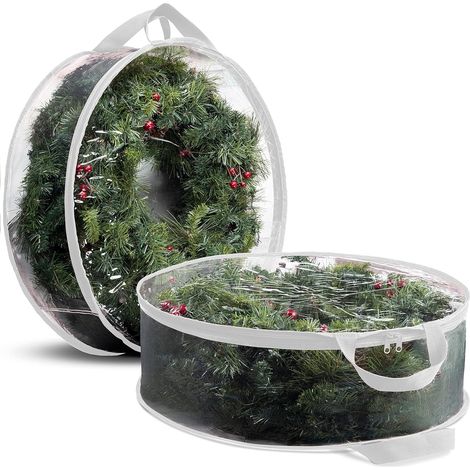 Juego de 2 cajas de almacenamiento para coronas navideñas artificiales (61 cm) - Bolsa con doble cremallera y asas reforzadas - Blanca