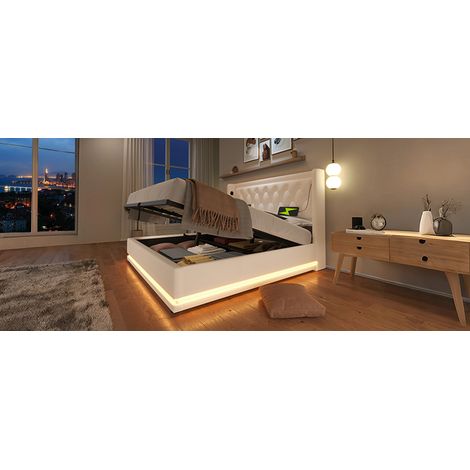Lit double rembourré 160200 cm, blanc, lit coffre hydraulique en PU, tête de lit rembourrée avec charge USB Type-C, LED sur 3 côtés (avec matelas) (1/5)