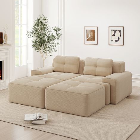 Canapé modulable Cloud en forme de U velours côtelé beige avec pouf, 2 places, assise profonde, livré monté