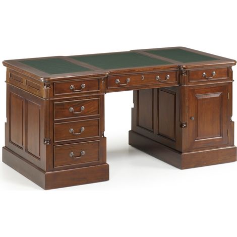 Les Tendances – Bureau droit en bois d'acajou marron 160cm – 1 porte et 6 tiroirs – Fabrication artisanale Espagne – Finition vernis haut de gamme (1/5)
