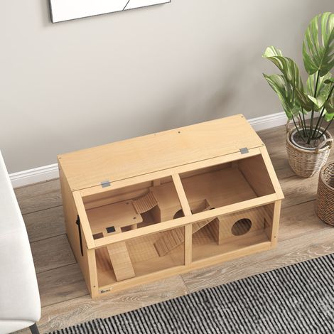 Cage hamster bois sapin massif 85x45x44 cm avec plateforme, échelles, cabane et pont (1/5)