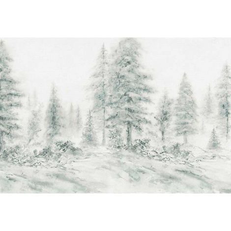 Papier peint panoramique paysage forêt gris & blanc Tapisserie panoramique arbre grise pour salon Papier peint panoramique nature & neige pour chambre (1/3)