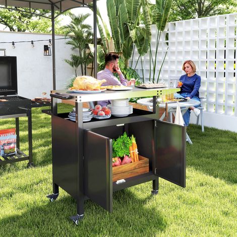Chariot barbecue plateau acier inoxydable, tablette pliable, crochets, 116x50x93 cm, noir