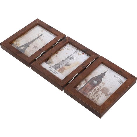 Cadre Photo Pliable en 3 Parties avec Triple Affichage Photo, en Bois Marron avec Verre, Design Moderne et Minimaliste pour Décoration Murale ou Table (1/5)