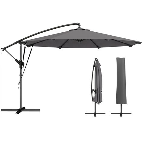 Ampel-Sonnenschirm, ca. Ø 300 cm, neigbar, mit Kurbel, Kreuzfuß, Windseilen, Schutzhülle, dunkelgrau