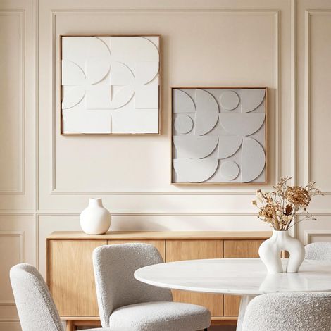 Lot de 2 Tableaux Abstraits 3D Bois Géométrique, 80 x 80 cm, Blanc (1/5)