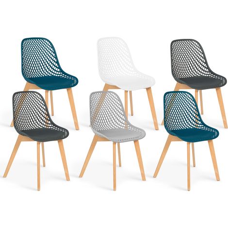 Idmarket – Lot de 6 chaises scandinaves MANDY – Dossier en polypropylène – Pieds en bois – Mix color blanc, gris clair, bleu canard, gris foncé