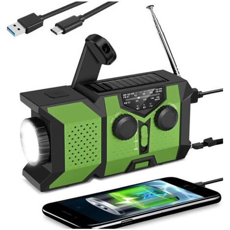 Radio d'urgence portable AM/FM/WB: Recharge solaire/manuelle, lampe torche LED, alarme SOS, power bank 2000mAh,éclaboussures,Vert (1/5)