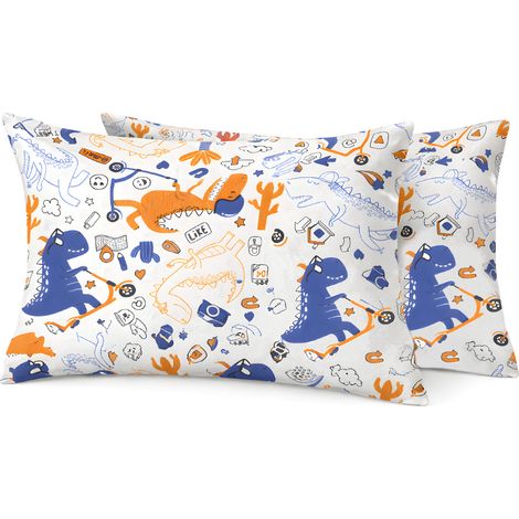 Coppia Federe Cuscino Letto Con Bottoni Laterali 100% Cotone Disegno Dino GI