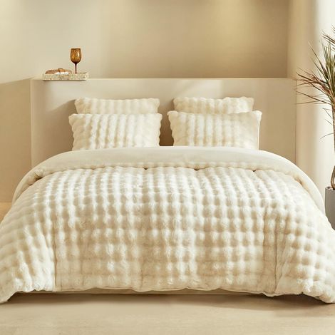 Housse de Couette Peluche 220x240 avec 2 Taies d'oreiller 65x65 cm - Chaud Hiver Moelleux Fourrure de Lapin Peluche Parure de Lit 240x220 avec Fermeture éclair, Beige (1/5)