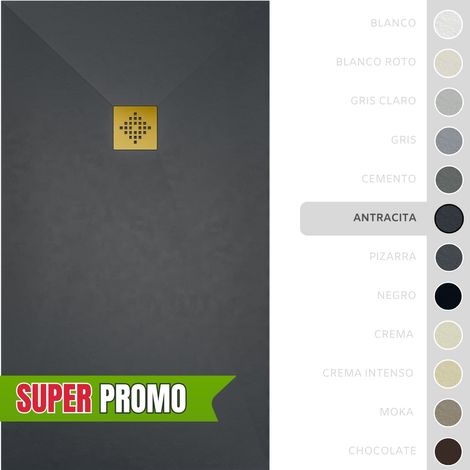 SOULBATH Plato de Ducha - Resina - Gel Coat - Textura Liso/Piedra - Antideslizante  - Color Antracita - 110x80- Extraplano 3cm. Incluye Válvula desagüe y Rejilla - REJILLA DORADA (1/5)