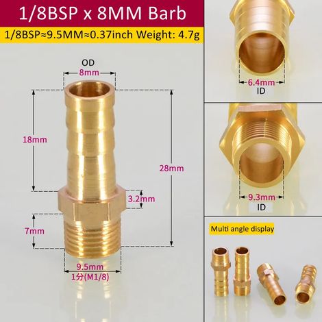 Raccord de tuyauterie en laiton (1l8BSP 8 mm Barb-CN) 6/8/Tuyau, embout cannelé BSP mâle, connecteur, joint, coupleur en cuivre, adaptateur (1/5)