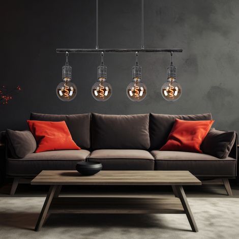 Pendelleuchte Hängelampe Esstischleuchte Industrial Pendellampe Wohnzimmer, Metall grau antik, 4x LED Filament 7W 700Lm warmweiß, LxH 90x120 cm (1/5)