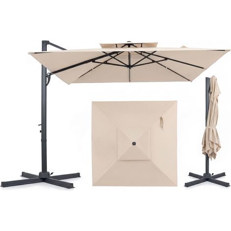 Parasol Déporté 3x3 m, 210 g/m², Toit à Double avec Pied, Parasol de Jardin Extérieur avec Rotation 360° à Pédale, Manivelle, Base en Croix, Beige (1/5)