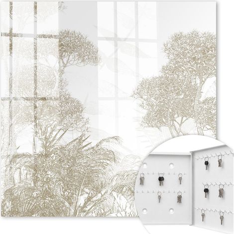 Armoire à clés - (30 cm x 30 cm) - Boîte à clés murale - Coffret de rangement pour clés - Couleur blanche - Ouverture vers la droite - Pour maison et bureau - Motif tropical