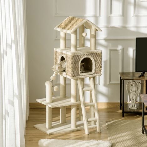avec une niche pour chat comprenant un jouet, une peluche en sisal, kaki, beige et café